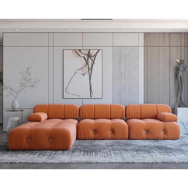 Modern Orange Velvet Upholstered Large Modular Sectional Sofa Bed
